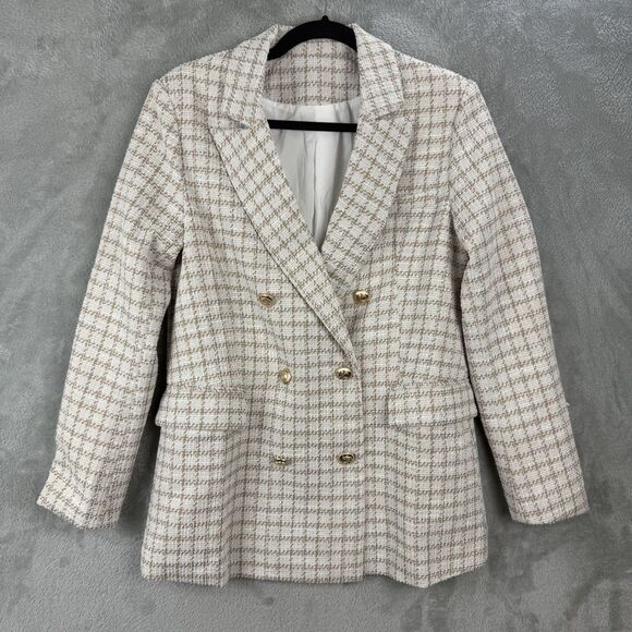 Jackets & Blazers - Tweed Double Breasted Blazer Suit Jacket White Brown Longer Length Women's S